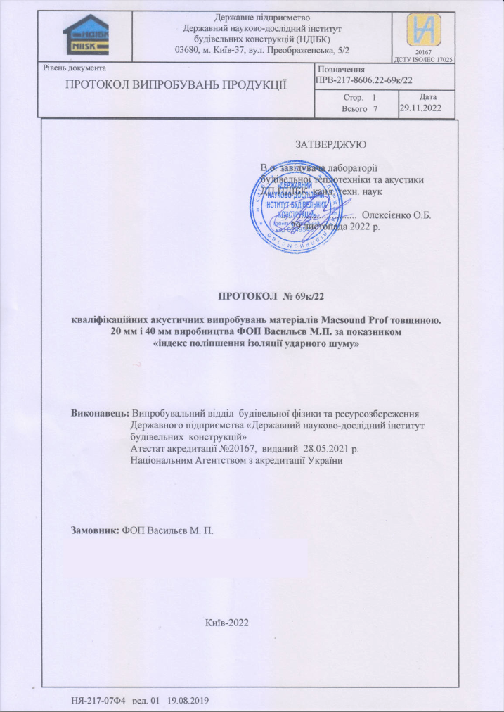 Кваліфікаційні акустичні випробування матеріалу за показником “індекс поліпшення ізоляції ударного шуму”
